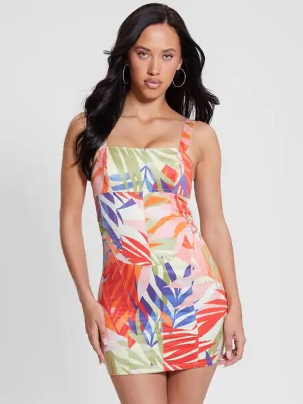 Guess Tropical Leaf Print Mini Dress - Coral, Blue, Green